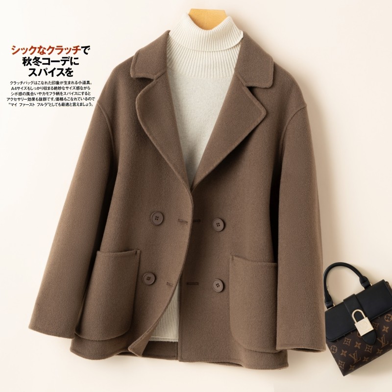 秋冬新款双面羊毛大衣女短款小个子西装领纯色毛呢外套羊绒呢大衣