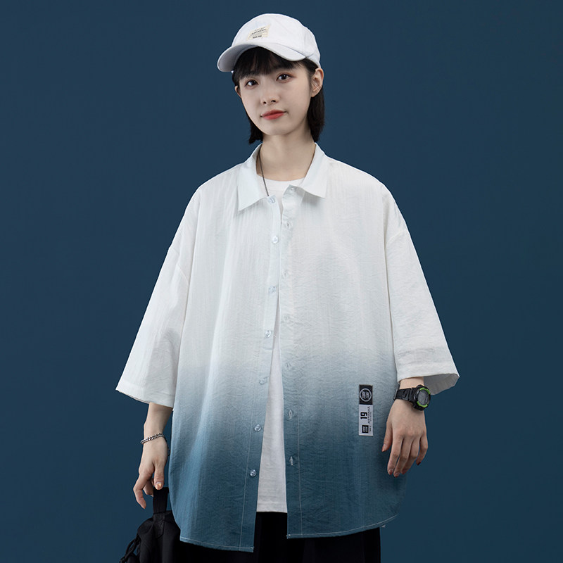 夏季原创新款渐变色百搭中性宽松短袖衬衫套装XZ304B-CS1101-P40，女装衬衫，星座302B-1