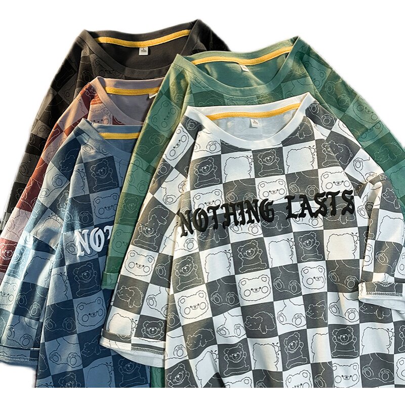新款港风平铺摆拍短袖凹凸印棋盘格感宽松T恤XZ304B-T3112P27,男装T恤,星座302B-1