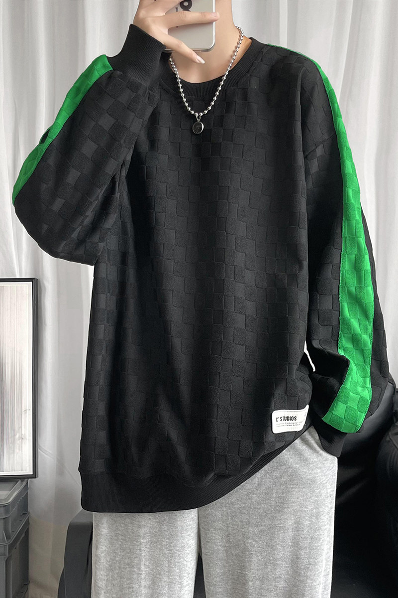 秋季港风新款棋盘格圆领花卫衣休闲套卫衣XZ304B-W3324P37,男装卫衣,星座302B-1