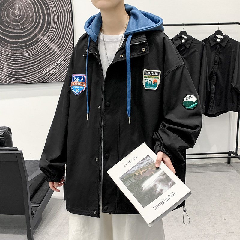 连帽外套男潮牌潮流ins字母刺绣情侣假两夹克XZ304B-JK22108-P70图片