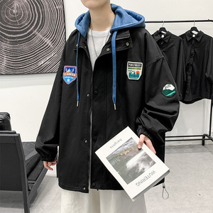 连帽外套男潮牌潮流ins字母刺绣情侣假两夹克XZ304B-JK22108-P70图片