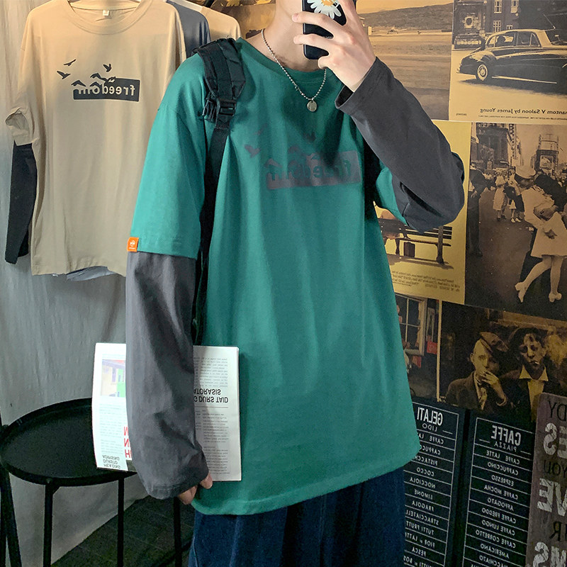 秋季新款假两件港风宽松多色ins潮牌休闲长袖T恤XZ304B-T0503P25,男装T恤,星座302B-1