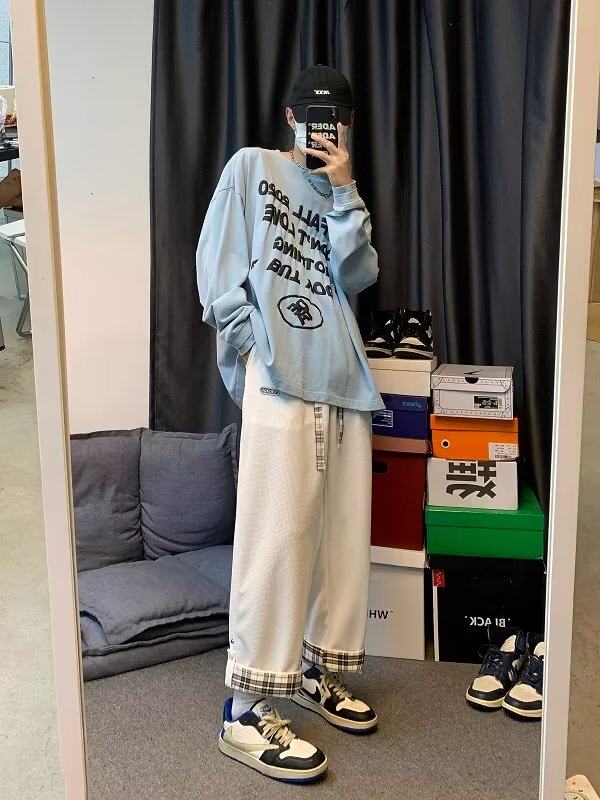 搭扣华夫格裤子大码宽松直筒潮牌百搭休闲裤XZ304-K573P35,男装休闲裤,星座302B-1