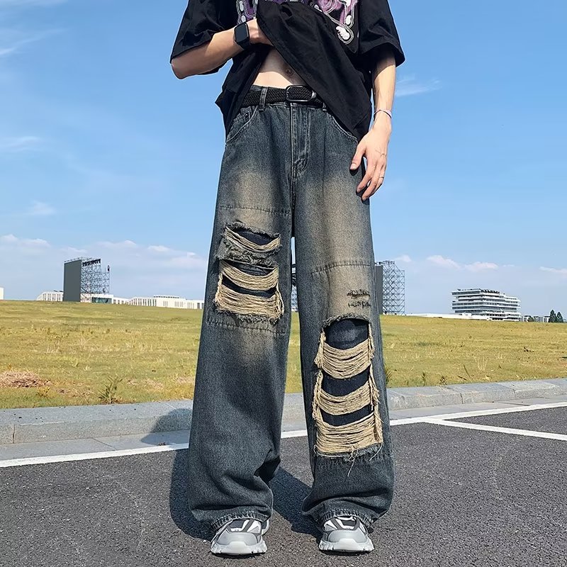 美式复古破洞牛仔裤做旧宽松拖地潮牌高街牛仔裤xz302B-1-K622P48,男装牛仔裤,星座302B-1
