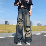 美式复古破洞牛仔裤做旧宽松拖地潮牌高街牛仔裤xz302B-1-K622P48，男装牛仔裤，星座302B-1