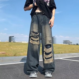 美式复古破洞牛仔裤做旧宽松拖地潮牌高街牛仔裤xz302B-1-K622P48图片
