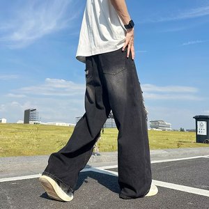 美式复古破洞牛仔裤做旧宽松拖地潮牌高街牛仔裤xz302B-1-K622P48图片