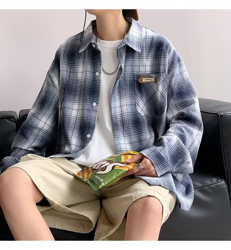 原宿日系男衬衫格子ins青春流行潮新款时尚百搭XZ304B-CS61P40,男装衬衫,星座302B-1