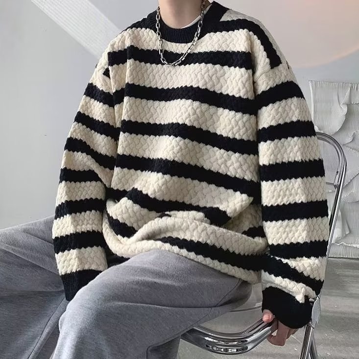 条纹圆领毛衣秋冬季韩版潮牌ins宽松情侣针织衫XZ302-1-M238P45,男装针织衫/毛衣,星座302B-1