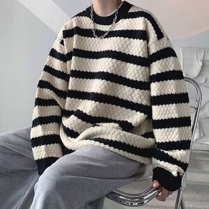 条纹圆领毛衣秋冬季韩版潮牌ins宽松情侣针织衫XZ302-1-M238P45图片