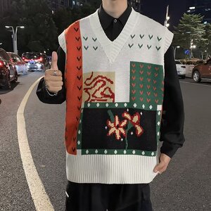 毛衣马甲男港风ins复古绣花V领春秋情侣坎肩背心XZ304B-M21P40图片