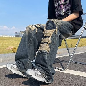 美式复古破洞牛仔裤做旧宽松拖地潮牌高街牛仔裤xz302B-1-K622P48图片