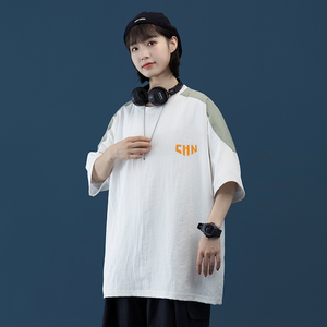 夏季中性风冰丝短袖新款休闲宽松大版型T恤XZ304B-T3107-P32,女黑色大t恤搭配图片
