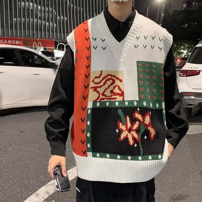 毛衣马甲男港风ins复古绣花V领春秋情侣坎肩背心XZ304B-M21P40,男装针织衫/毛衣,星座302B-1