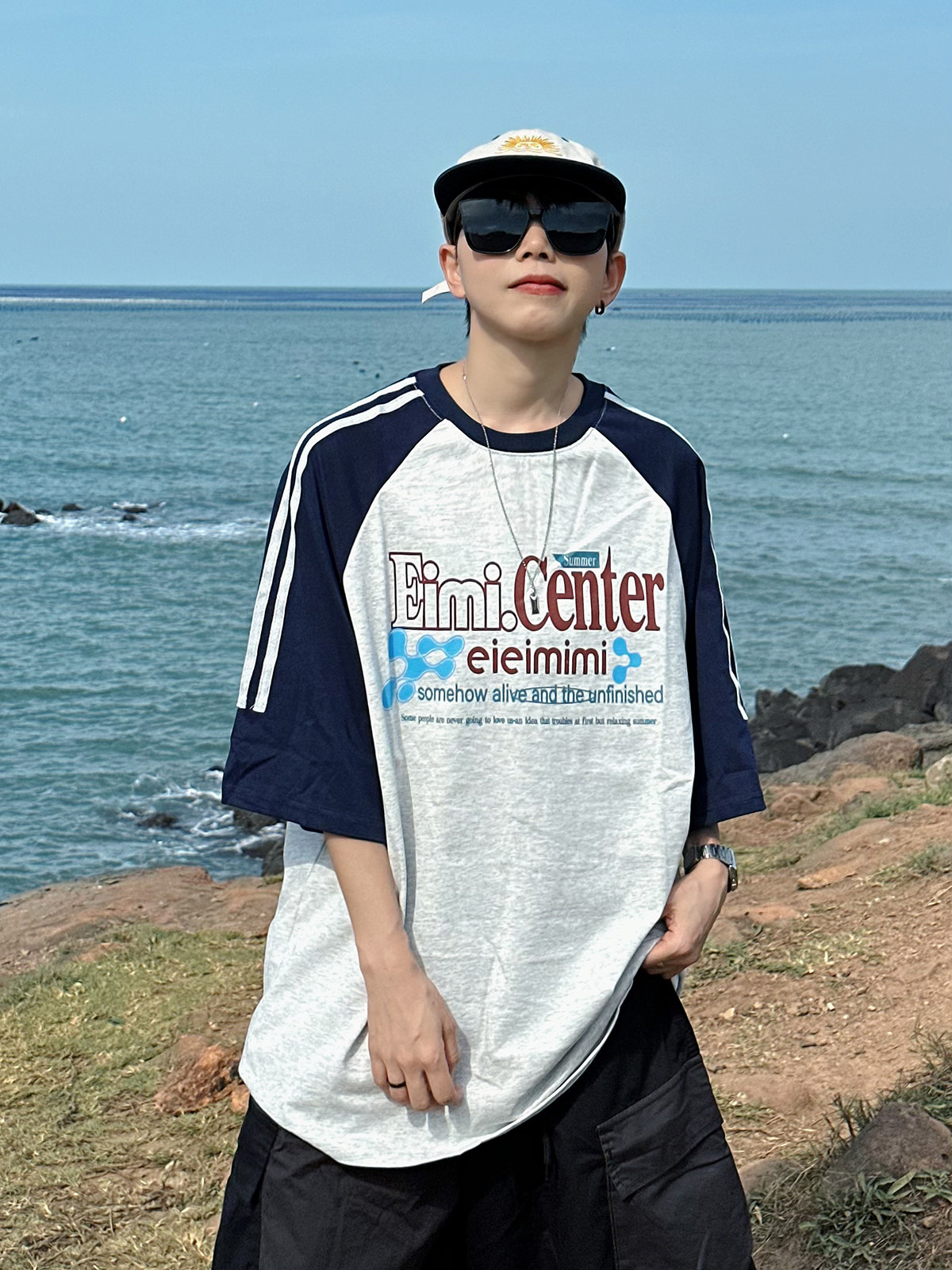 XBRO美式复古夏季撞色印花插肩袖宽松落肩五分袖T恤男女拼接上衣