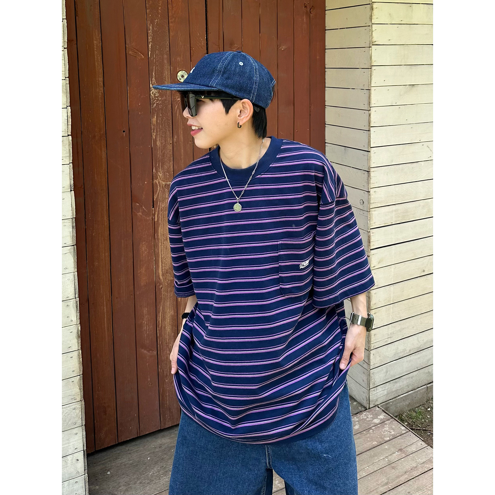 XBRO日系复古重磅350G紫色条纹口袋五分袖T恤男女宽松短袖上衣tee