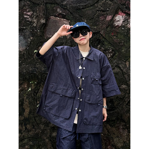 XBRO日系工装夏季口袋五分袖衬衫
