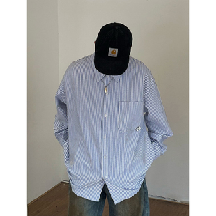 XBRO日系复古干净蓝条纹慵懒bf学院风长袖 25年春宽松衬衣男女 衬衫