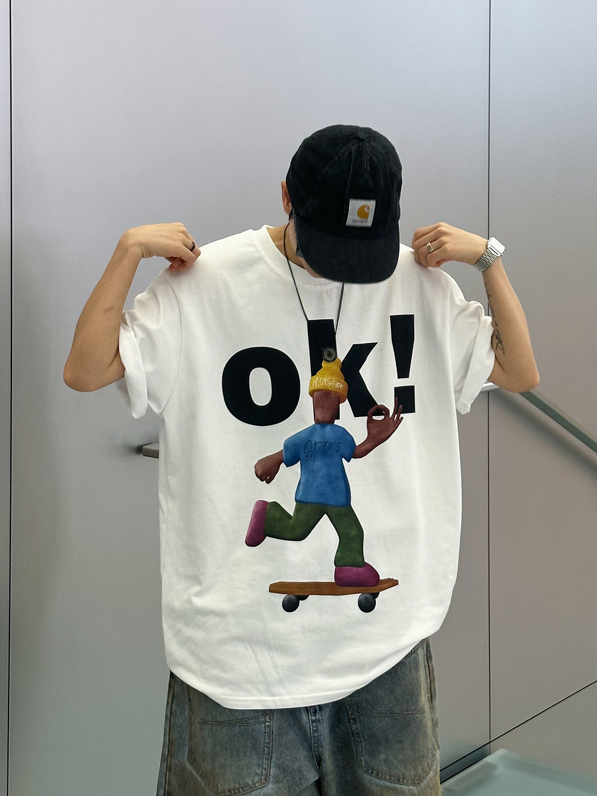 XBRO美式复古夏季休闲短袖T恤OK字母卡通人物印花网红校园五分袖