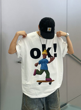 XBRO美式复古夏季休闲短袖T恤OK字母卡通人物印花网红校园五分袖