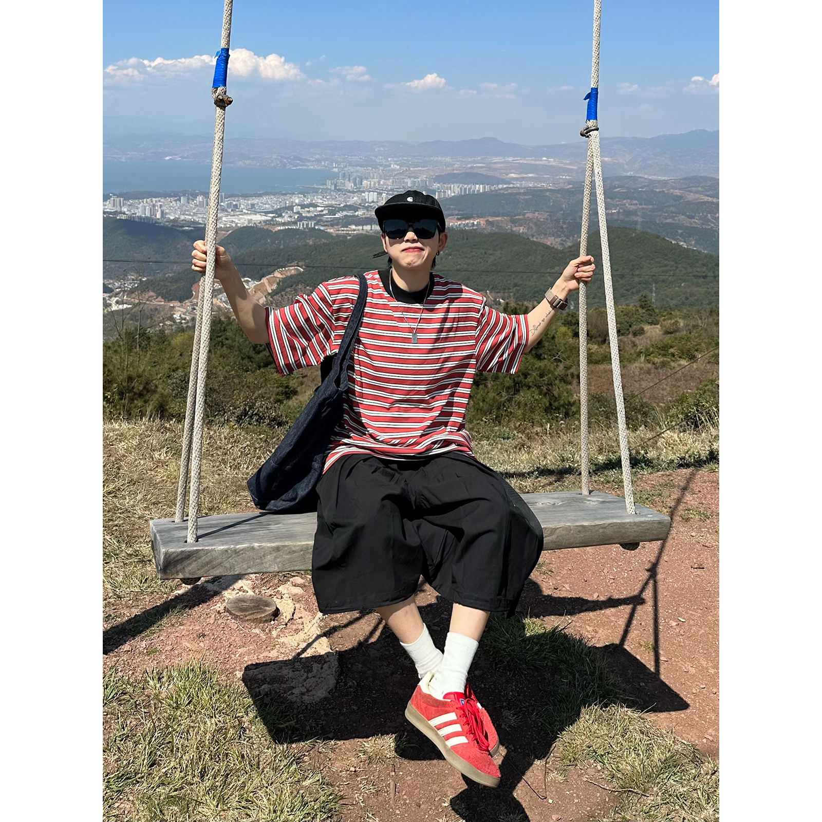 XBRO日系复古撞色条纹短袖t恤夏季男女宽松休闲体恤上衣五分袖ins