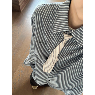 XBRO日系复古多口袋工装衬衫男女条纹性冷淡风慵懒宽松百搭衬衣潮