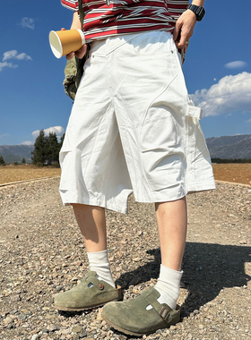 XBRO美式休闲褶皱宽松弯刀阔腿伐木裤白色短裤夏季六分裤中裤男女