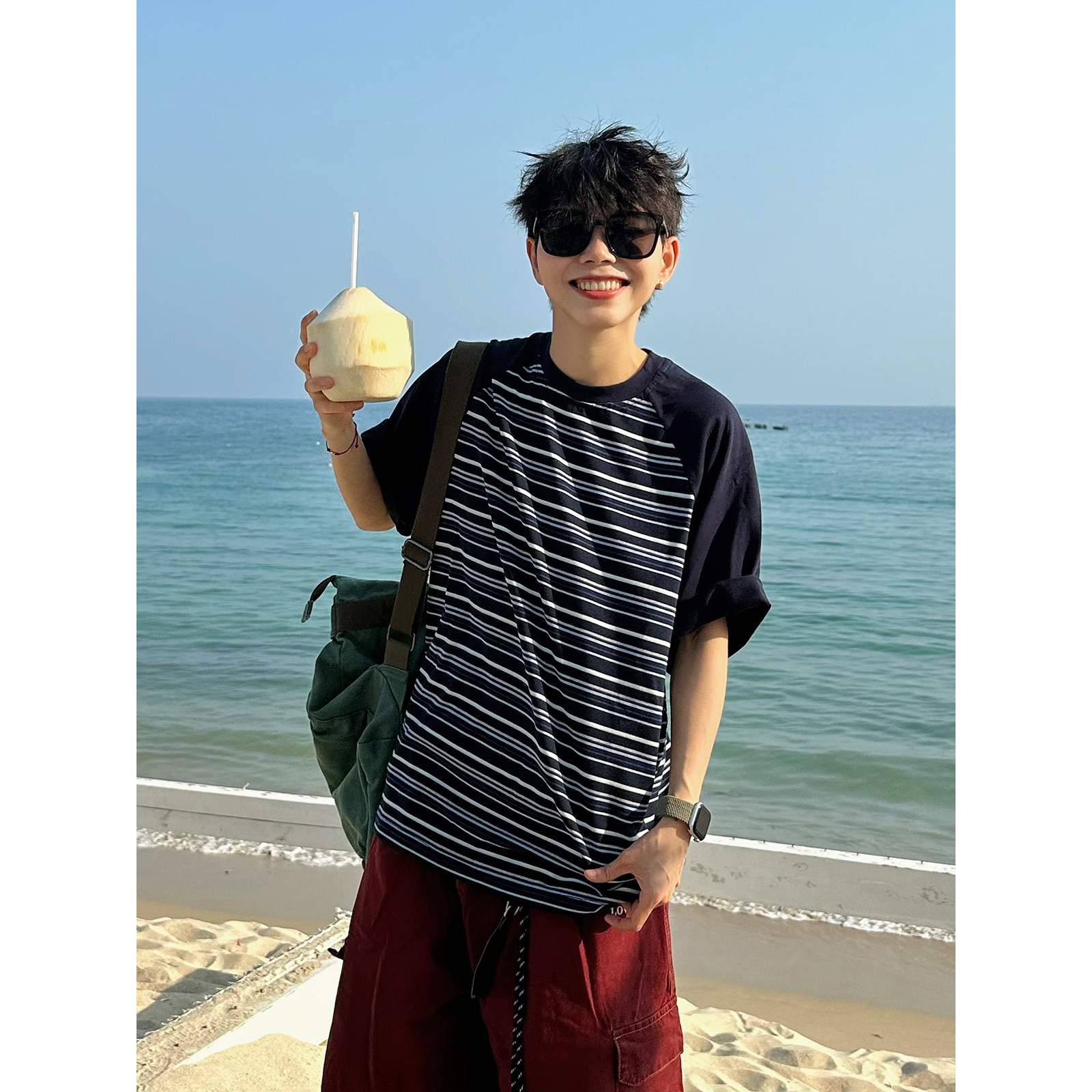 XBRO美式复古撞色插肩袖男女夏季宽松海魂条纹五分袖T恤拼接短袖