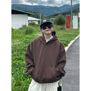 XBRO美式复古短款套头基础重磅纯色廓形宽松休闲连帽百搭卫衣帽衫