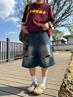 XBRO美式复古夏季五分牛仔短裤中裤刮丝做旧割破破洞慵懒裤子男女