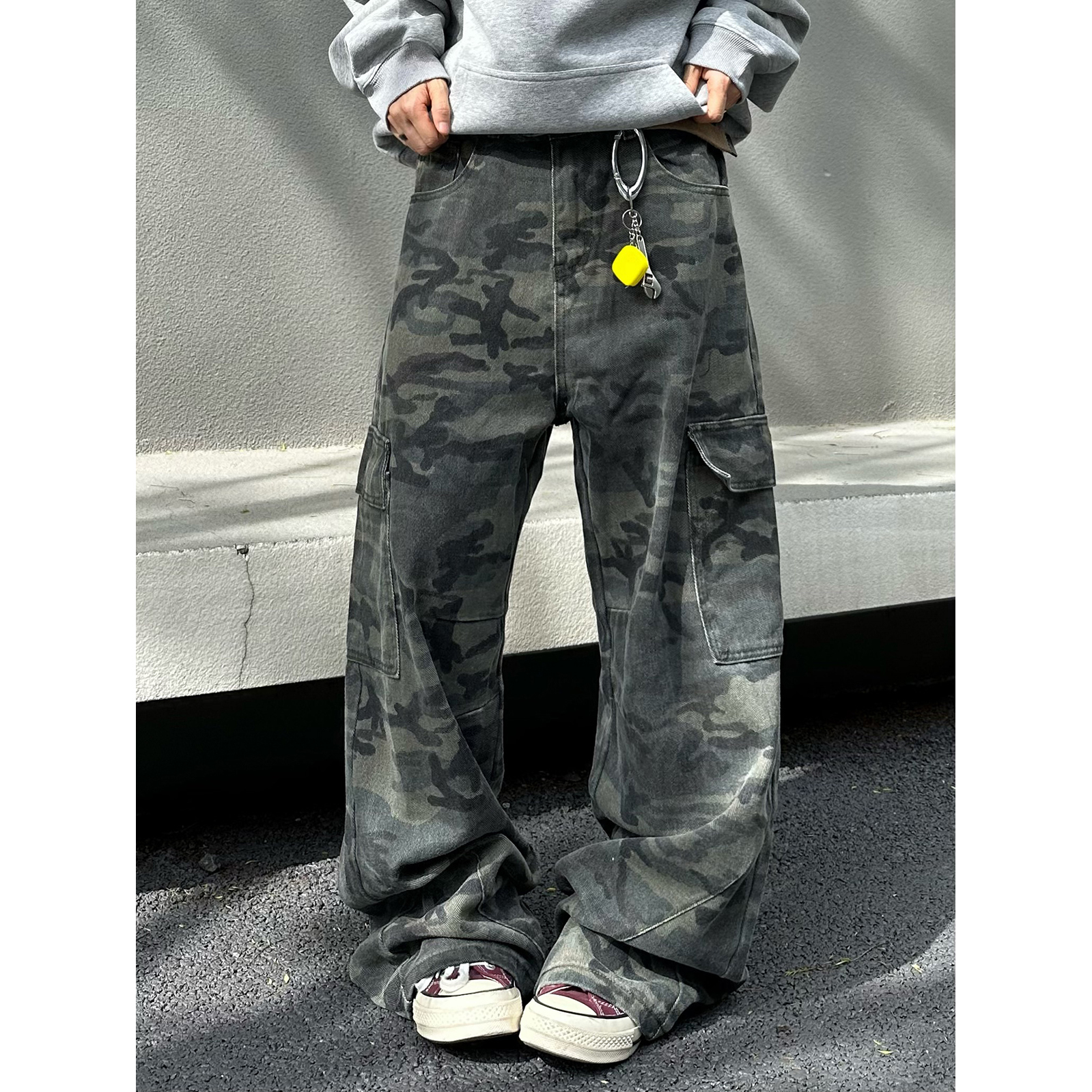 XBRO美式复古垂感拖地慵懒军事迷彩做旧洗水直筒口袋工装裤休闲裤
