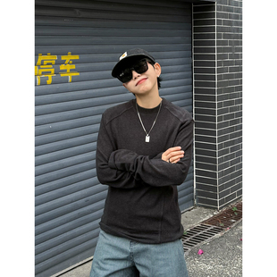 XBRO美式街头cleanfit小领口长袖T恤男女修身ins短款休闲打底上衣