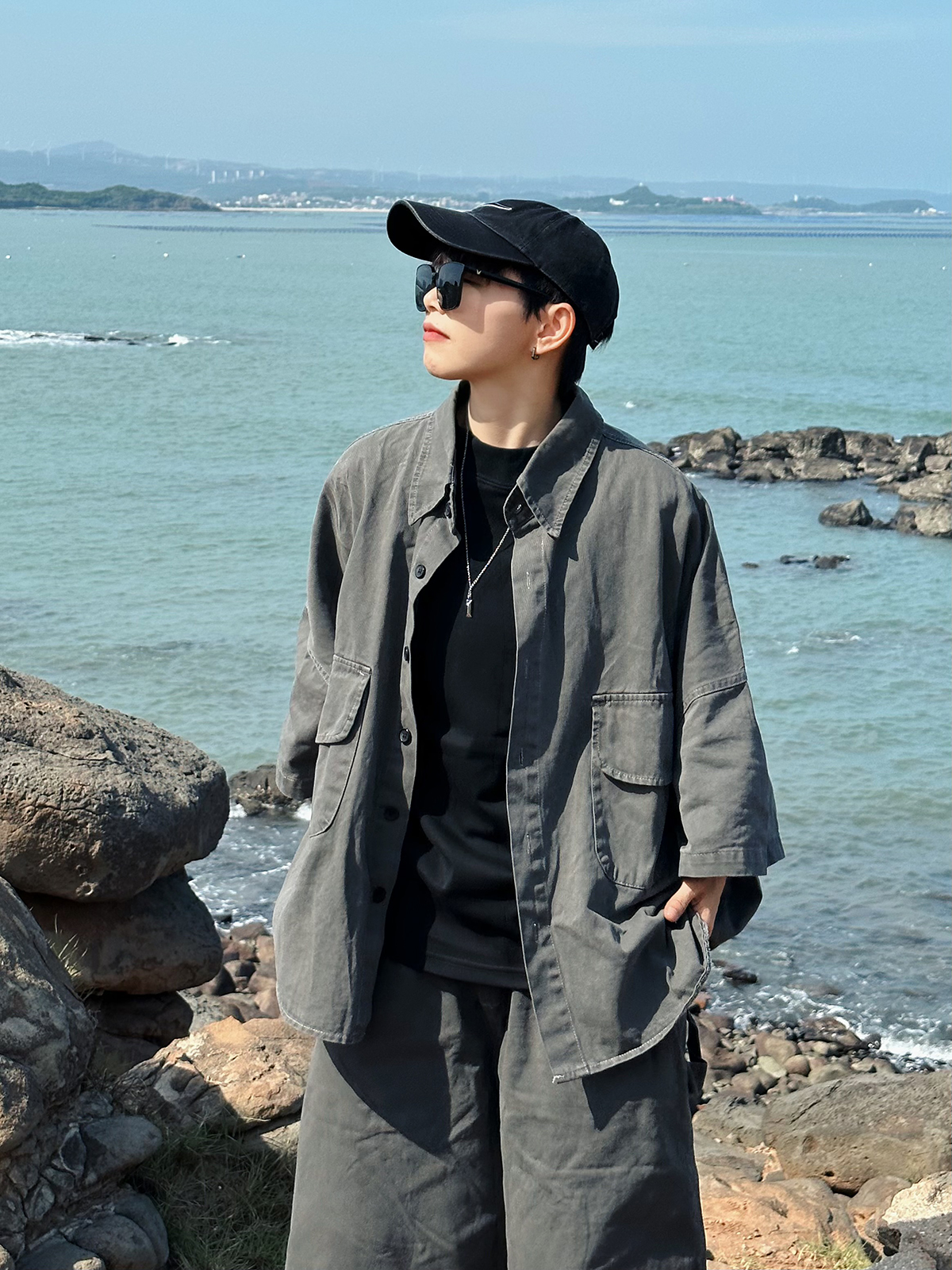 XBRO韩国无性别慵懒宽松廓形蝙蝠袖夏季七分袖水洗做旧牛仔衬衫bf