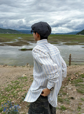 百搭无性别条纹长袖衬衫男女衬衣
