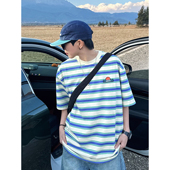 撞色T恤男女五分袖 XBRO日系复古小清新条纹宽松无性别夏季 短袖 tee