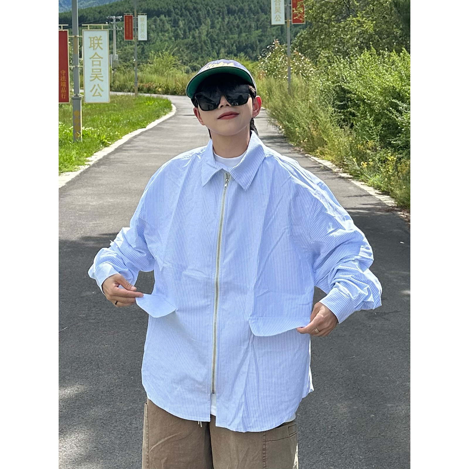 XBRO日系复古可拆卸蓝条纹衬衫