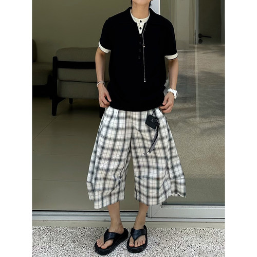 盐系格子弯刀裤男女七分裤