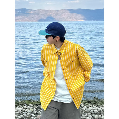 XBRO日系复古黄色条纹工装衬衫