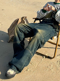 男女 吊带裤 XBRO美式 复古重磅宽松洗水怀旧磨旧直筒连体牛仔背带裤