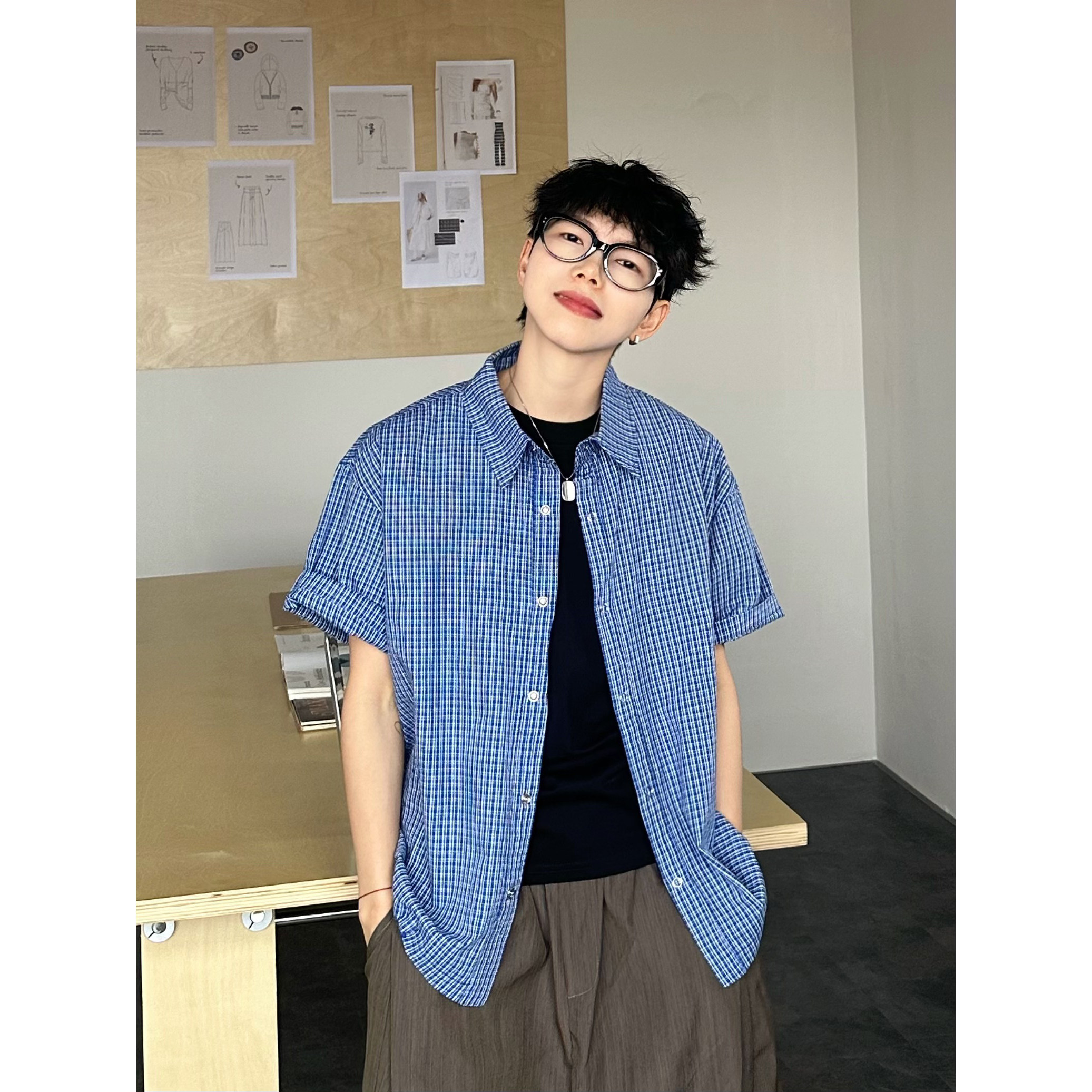 XBRO蓝色格子衬衫短袖男女夏季miu系高智感短款抽绳情侣休闲衬衣 - 实物图