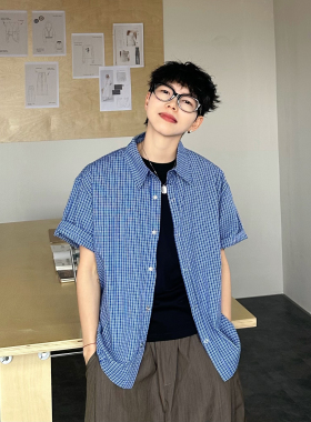 XBRO蓝色格子衬衫短袖男女夏季miu系高智感短款抽绳情侣休闲衬衣