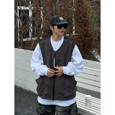 XBRO日系复古无领工装马甲