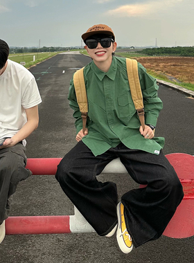 XBRO日系复古古着春秋季宽松绿色长袖衬衫男女通勤纯色衬衣外套bf