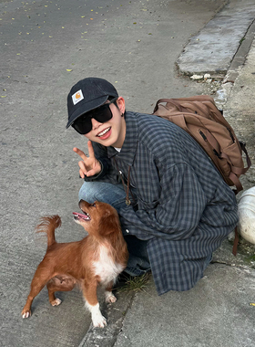 XBRO日系复古古着廓形慵懒宽松无性别格纹格子长袖衬衫男女衬衣bf