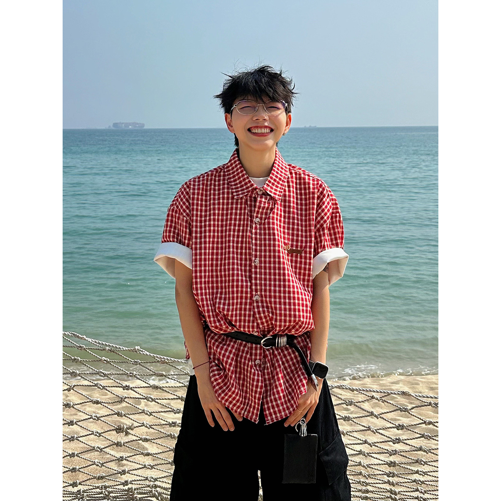XBRO美式复古腊肠小狗多巴胺五分袖红格子衬衫男女短袖宽松衬衣bf