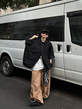 XBRO日系夏季复古廓形宽松多口袋山系文艺户外短袖五分袖纯色衬衫