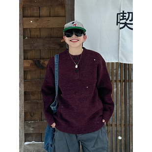 XBRO日系复古亨利领毛衣男女暗红色宽松圆领春秋慵懒打底针织衫潮
