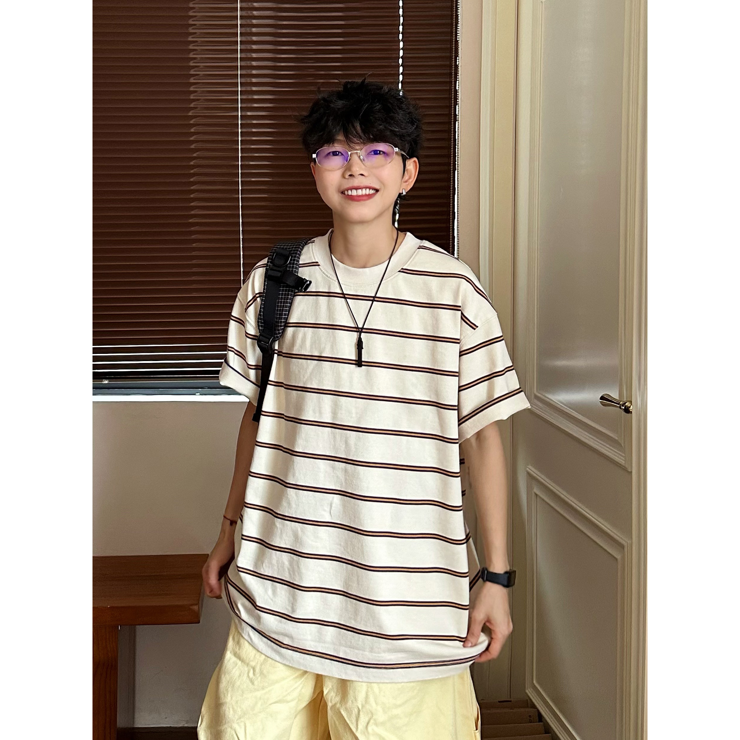 XBRO日系复古重磅全棉宽松夏季五分袖条纹男女短袖T恤慵懒海魂衫