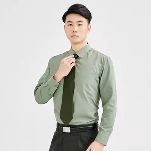 橄榄绿内衬男夏季长袖衬衫胶扣衬衣衬衫上班通勤浅绿色修身免熨